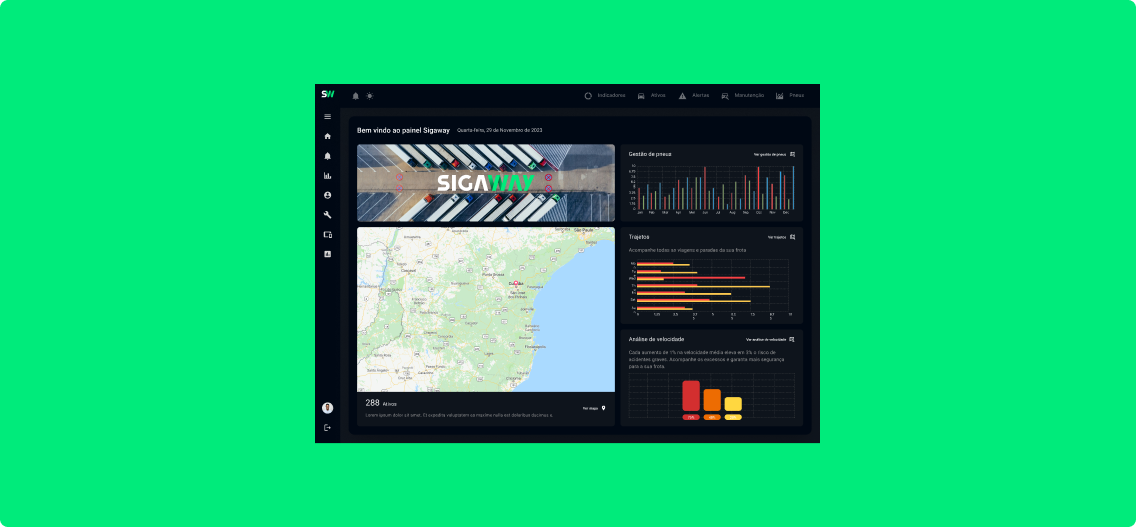 Sigaway web dashboard showing fleet indicators, tire management and route analytics