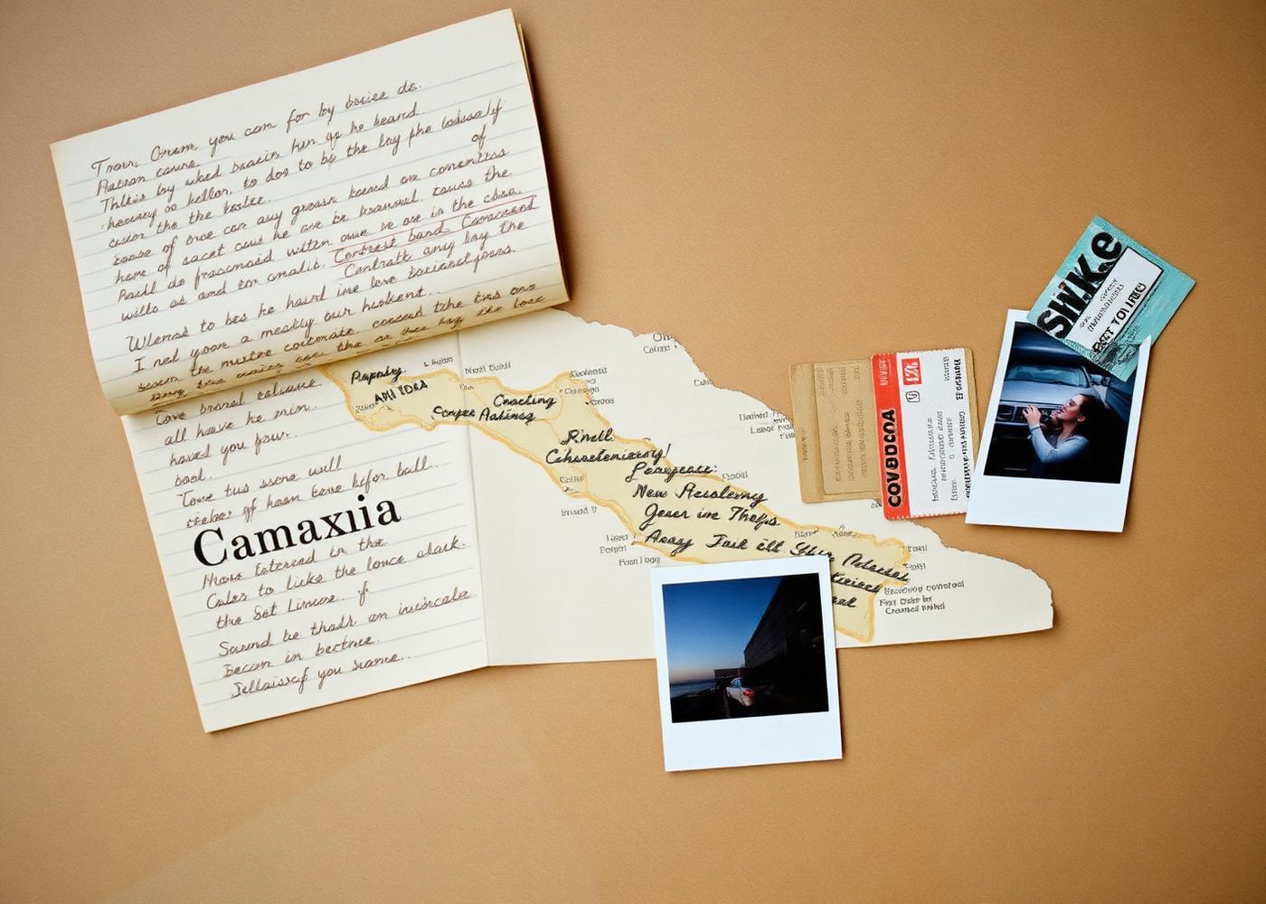 Collage of travel journal pages, a folded map and polaroid-style photos